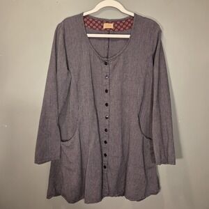 Tulip Button Down Tunic Top Stripes 100% Cotton Boho, Women's Size L, Gray Black